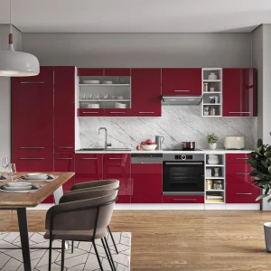 Küchenzeile Fame-Line Bordeaux Hochglanz/Weiß 355 cm , AP Eiche livinity®