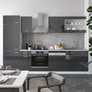 Küchenzeile R-Line Anthrazit Hochglanz/Weiß 300 cm , AP Marmor livinity®