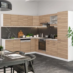 Eckküche R-Line Sonoma/Weiß 287 x 227 cm ohne Arbeitsplatte livinity®