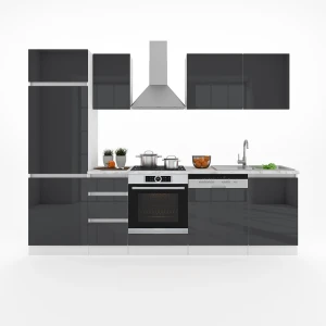Cucina componibile Optima Antracite lucido/bianco 270 cm senza piano di lavoro, senza maniglie con striscia LED Vicco