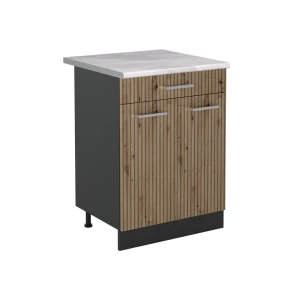 Mobiletto base cucina R-Line Rovere artigianale/Antracite 60 cm con cassetto piano di lavoro Marmo Vicco