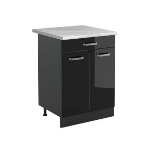 Küchenunterschrank R-Line Schwarz Hochglanz/Anthrazit 60 cm mit Schublade Arbeitsplatte Marmor Vicco