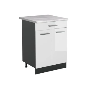 Küchenunterschrank R-Line Weiß Hochglanz/Anthrazit 60 cm mit Schublade Arbeitsplatte Marmor Vicco