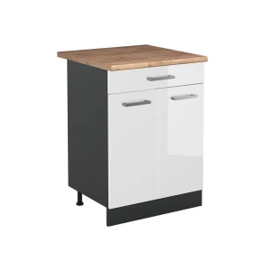 Küchenunterschrank R-Line Weiß Hochglanz/Anthrazit 60 cm mit Schublade Arbeitsplatte Goldkraft Eiche Vicco