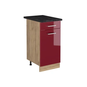 Küchenunterschrank R-Line Rot Hochglanz/Goldkraft Eiche 40 cm Arbeitsplatte Anthrazit Vicco