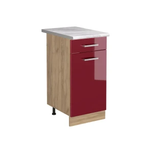 Küchenunterschrank R-Line Rot Hochglanz/Goldkraft Eiche 40 cm Arbeitsplatte Marmor Vicco
