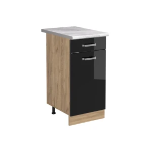 Küchenunterschrank R-Line Schwarz Hochglanz/Goldkraft Eiche 40 cm Arbeitsplatte Marmor Vicco