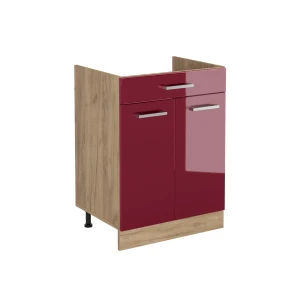 Küchenunterschrank R-Line Rot Hochglanz/Goldkraft Eiche 60 cm mit Schublade ohne Arbeitsplatte Vicco