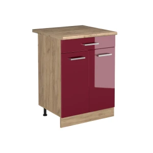 Keukenonderkast R-Line Rode hoogglans/Goudkleurig Eiken 60 cm met lade goudkleurig eiken werkblad Vicco