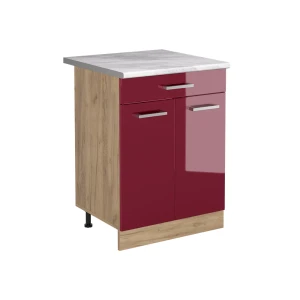 Mobiletto base cucina R-Line Rosso lucido/Rovere dorato 60 cm con cassetto piano di lavoro Marmo Vicco