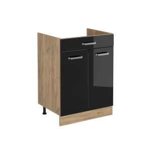 Mobiletto base cucina R-Line Nero lucido/Rovere dorato 60 cm con cassetto senza piano di lavoro Vicco