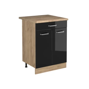 Mobiletto base cucina R-Line Nero lucido/Rovere dorato 60 cm con cassetto piano di lavoro Rovere dorato Vicco