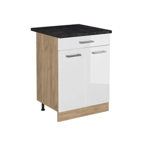 Keukenonderkast R-Line Wit Hoogglans/Goudkleurig Eiken 60 cm met lade antraciet werkblad Vicco