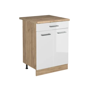 Keukenonderkast R-Line Wit Hoogglans/Goudkleurig Eiken 60 cm met lade goudkleurig eiken werkblad Vicco