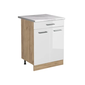Keukenonderkast R-Line Wit Hoogglans/Goudkleurig Eiken 60 cm met lade marmer werkblad Vicco