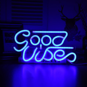 Neon LED USB lampka na ścianę Napis do pokoju znak neonowy Good Vibes niebieski