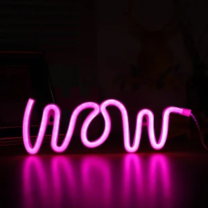Neon LED USB/baterie lampka na ścianę Napis do pokoju znak neonowy Wow różowy