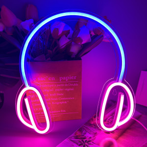 Duży neon Led USB Lampka na ścianę Napis do pokoju Słuchawki różowo niebieskie