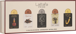 Zestaw wód perfumowanych unisex Lattafa Pride Tharwa Silver 20 ml + Eternal Oud 20 ml + Ishq Al Shuyukh Gold 20 ml + Natural Oud 20 ml + Artisan Ethnique 20 ml (6290362348078). Miniaturki per