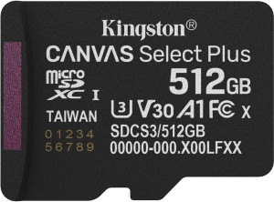 Karta pamięci Kingston Canvas Select Plus Gen3 microSDXC 512GB Class 10 UHS-I U3 V30 A1 (SDCS3/512GBSP). Karty pamięci