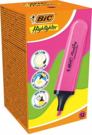 Zestaw zakreślaczy BIC Flat Highlighter Różowe neon 12 szt (ZES3086123742871). Markery i zakreślacze