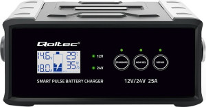 Inteligentna mikroprocesorowa ładowarka Qoltec do akumulatora AGM/GEL/SLA LCD 12-24 V 25 A (5901878525143). Prostowniki