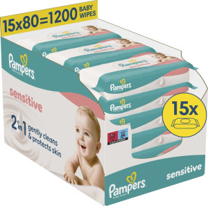 Zestaw Chusteczki nawilżane dla niemowląt Pampers Sensitive 15x80 szt (8001841063188). Chusteczki dla dzieci