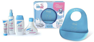 Zestaw Sebamed Bib Layette Balsam do ciała 200 ml + Żel do kąpieli 200 ml + Krem do codziennej pielę gnacji okolic pieluszkowych 50 ml + Woda kolońska 250 ml (8425091121885). Kosmetyki pielęg