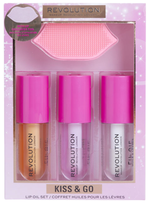 Zestaw do pielęgnacji ust Revolution Make Up Kiss & Go Masażer do złuszczania ust + Miodowy olejek do ust 4.5 ml + Brzoskwiniowo-różowy olejek do ust 4.5 ml + Arbuzowy olejek do ust 4.5 ml (5