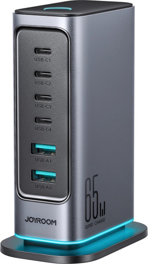 Ładowarka biurkowa JOYROOM JR-TCM02 GaN 65 W EU 4 x USB-C + 2 x USB-A Black-Grey (6956116795528). Ładowarki do telefonów