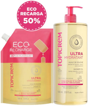 Zestaw olejków pod prysznic Topicrem Ultra Hydratant 1000 ml + Wkład wymienny Ultra Hydratant 1000 ml (3700281705805). Żele pod prysznic