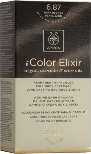 Farba do włosów Apivita My Color Elixir 6.87 Dark Blonde Pearl Sand 50 ml + Utleniacz 75 ml + Odżywka 2x15 ml + Jednorazowe rękawiczki + Instrukcja (5201279077051). Farby do włosów