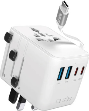 Adapter SBS Universal Travel Adapter z wbudowanym kablem USB-C White (TEADARET2USB2CPD70W). Kable, adaptery i przejściówki