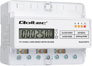 Miernik zużycia energii elektrycznej Qoltec trójfazowy 400 V 100 A LED na szynę DIN (5901878509785). Liczniki energii elektrycznej
