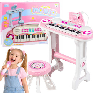 Pianinko elektroniczne Leantoys z mikrofonem, stołkiem i stojakiem na nuty 37 klawiszy (30779). Instrumenty muzyczne dla dzieci