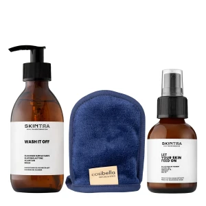 SkinTra - Sada produktov "Glow Starter" - Odličovacia rukavica + Čistiaci gél 200 ml + Vyživujúci krém 50 ml