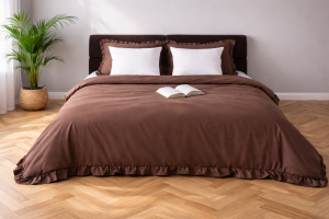 Pościel Premium z Bawełny 160x200 z Brązową Falbaną