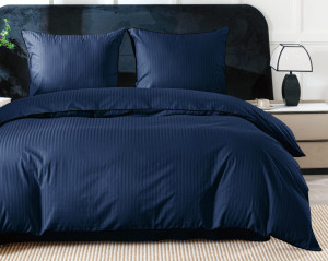 Komplet Pościeli z Adamaszku 220x200 Granatowa, Bawełna Premium + Prześcieradło