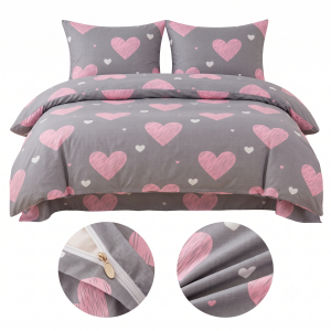 Pościel 200x200 +2 70x80 poduszki - Komplet Szara z Serduszkami Pink Heart