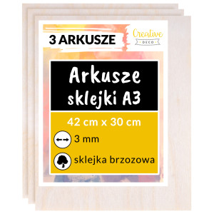 Arkusze sklejki do cięcia laserem 3 mm, A3 x 3 sztuk
