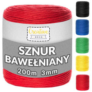Sznurek do makramy bawełniany 3mm 200m czerwony