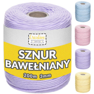 Pastelowy sznurek do makramy bawełniany 3mm 200m fioletowy
