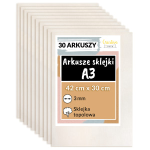 Arkusze sklejki do cięcia laserem z topoli 3 mm, A3 x 30 sztuk