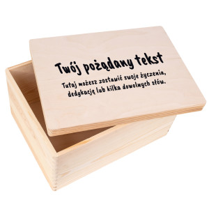 Drewniane pudełko z podnoszonym wiekiem, personalizowany własny tekst, 40x30x24 cm