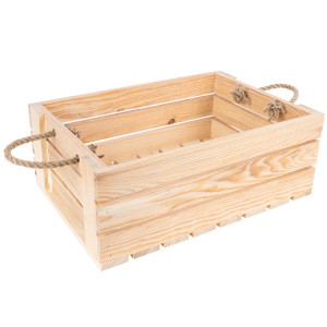 Drewniana skrzynka z desek z uchwytami z liny jutowej, 42 x 29 x 16 cm