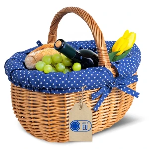 Kosz wiklinowy piknikowy z granatowym obszyciem w groszki, 43 × 32 × 37 cm