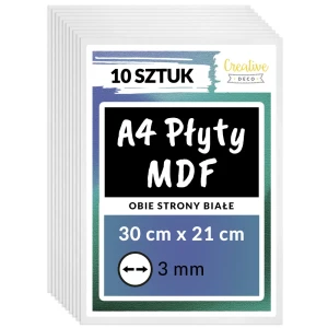 Płyta MDF do cięcia laserem, dwustronnie biała, 3mm, A4 x 10 sztuk