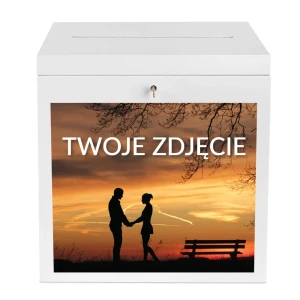 Pudełko na koperty ślubne, białe, z zamkiem, twoje zdjęcie, 29 x 25 x 30 cm