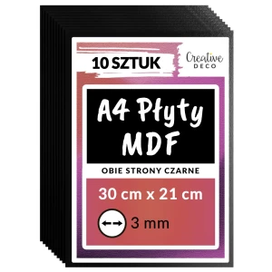 Płyta MDF do cięcia laserem, czarna, 210 x 297 x 3 mm, A4 x 10 szt