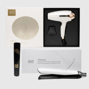 GHD Piastra  Chronos Bianca + Phon  Helios Bianco 2200 Watt + Lacca  Perfect Ending 400 Ml